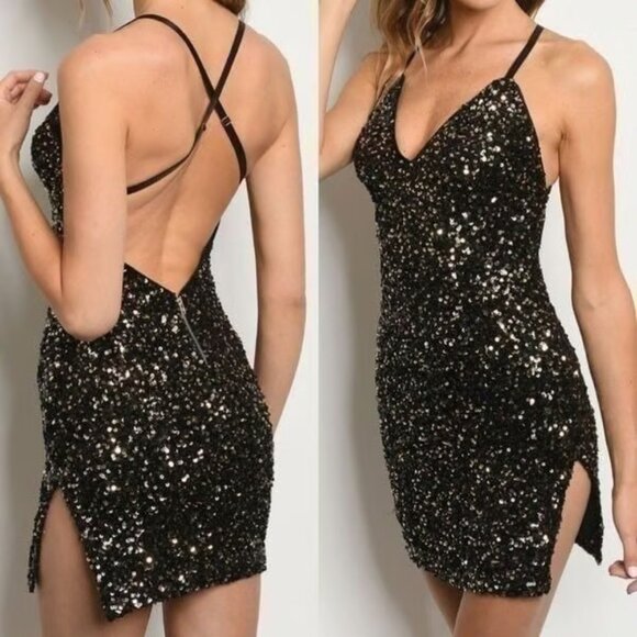 Black and Gold Sequin Backless Mini Dress - Picture 6 of 6